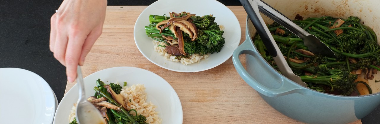 Gingery Broccolini and Mushrooms over Brown Rice