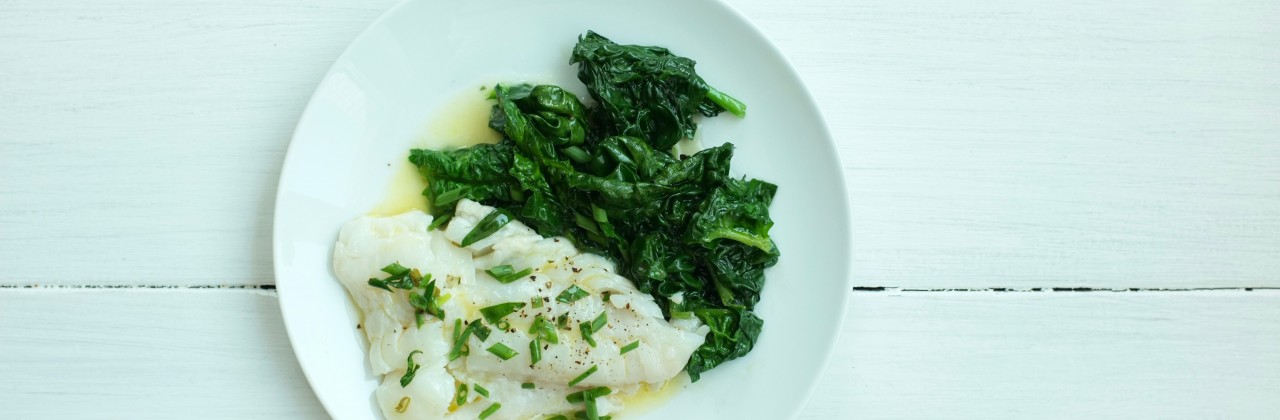 Poached Cod with Spinach and Tarragon Butter Sauce